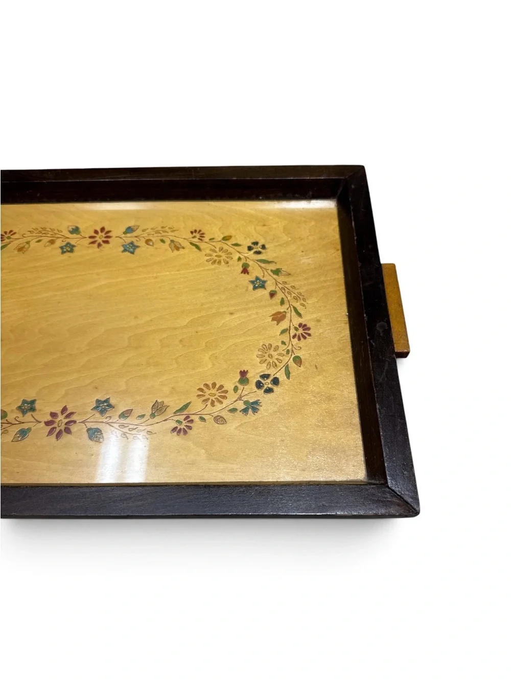 Vintage 1941 Handmade Wooden Serving Tray Floral Inlay Folk Art Rectangular